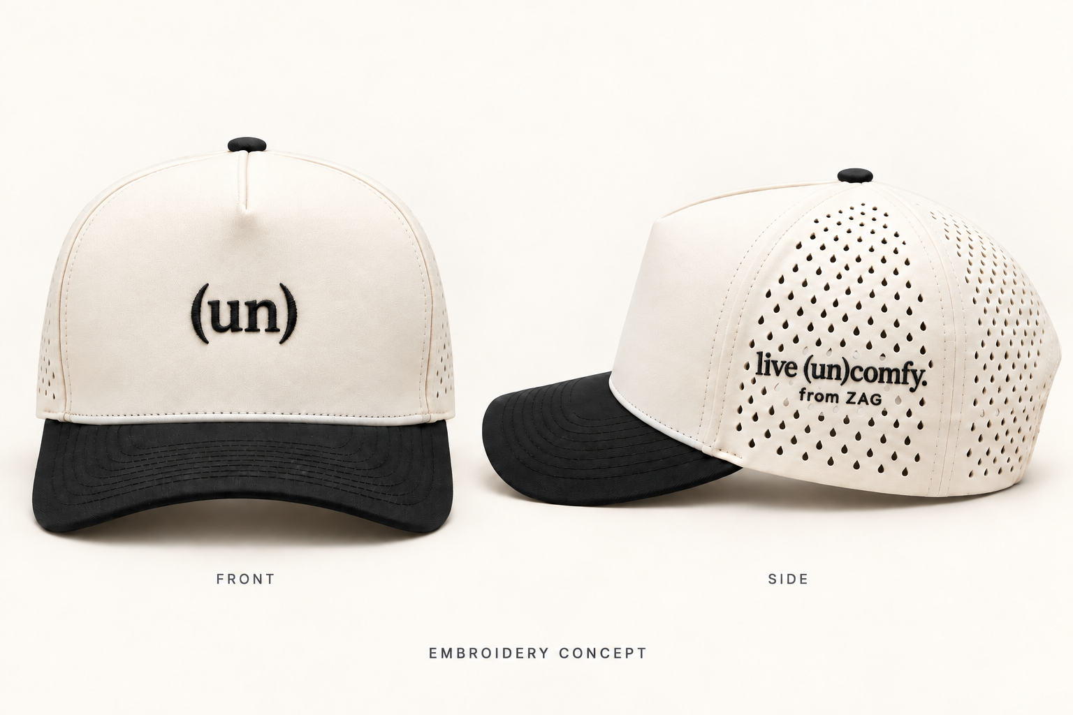 Front and side views of the cream and black Everywhere Cap concept, with a small embroidered (un) on the front and live (un)comfy. from ZAG embroidered on the perforated side.
